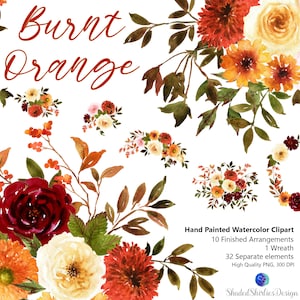 Fall Watercolor Flowers Clipart: Burnt Orange & Burgundy (Digital Download)
