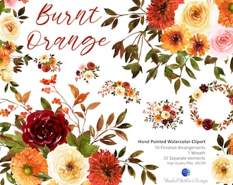 Clipart de flores de acuarela de otoño: naranja quemado y burdeos (descarga digital)