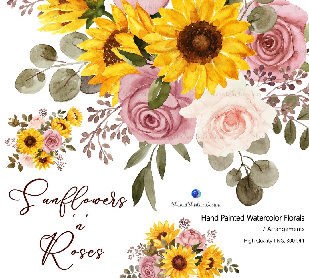 Watercolor Sunflower and Roses Clipart, Blush Roses, Dusty Roses Floral