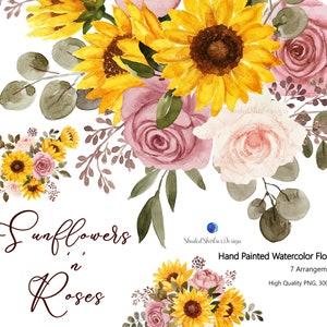 Aquarelle tournesol et roses clipart, roses blush, graphiques floraux roses poussiéreux, fleurs jaunes, bricolage imprimable