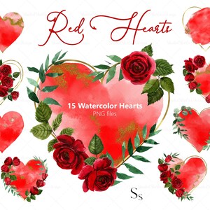Watercolor Red heart clipart, Watercolor heart png, Love clipart for Valentine's Day DIY card, Love clipart, Heart wreath, Red Rose clipart