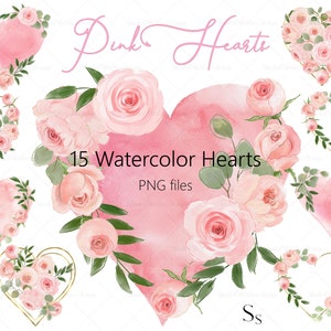 Watercolor Pink hearts clipart, Watercolor hearts png, Clipart for Valentine's Day DIY card, Love clipart, Valentine png, Pink Rose clipart