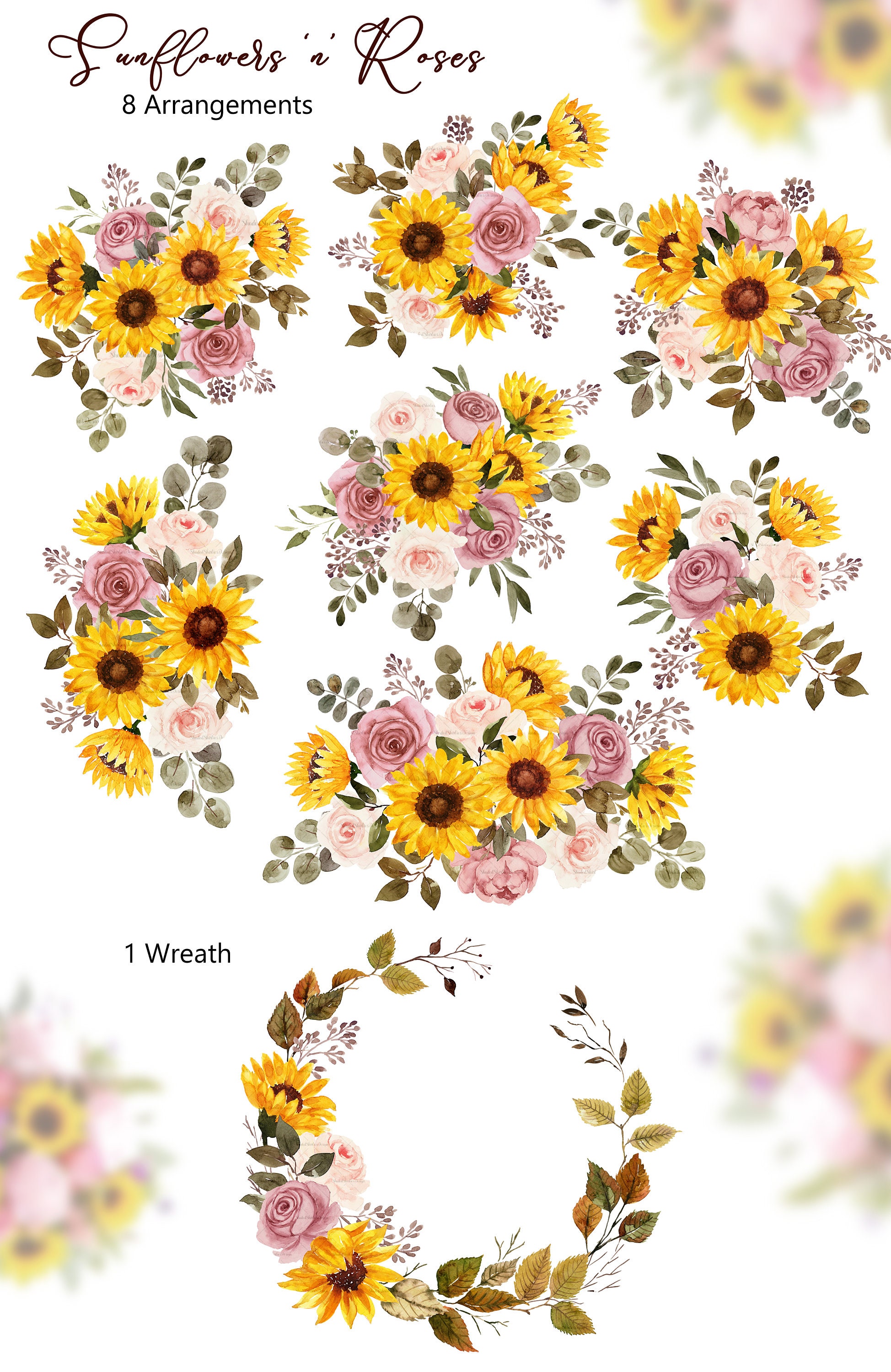 Watercolor Sunflower and Roses Clipart, Blush Roses, Dusty Roses Floral