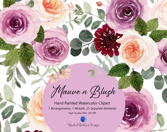 Watercolor Rose Clipart: Mauve, Blush & Burgundy Floral Bouquets (Digital Download)