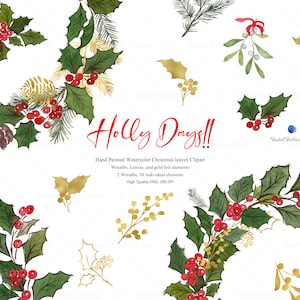 Christmas Watercolor Leaves Clipart, Holly Leaves Clip Art, Mistletoe Berry Pine Branch Festive Graphics