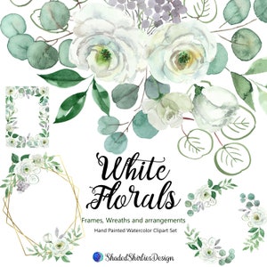 White, Green Floral Bouquets, White Green Wedding Floral Clip Art, Watercolor Bouquets Wreath Digital Download Roses Free Commercial Use PNG