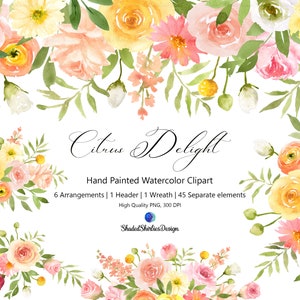 Könnte beinhalten: Aquarell-Clipart mit einem Blumenarrangement aus rosa, gelben und weißen Blüten. Die Blumen sind kreisförmig angeordnet und haben grüne Blätter. Der Text "Citrus Delight" ist in kursiver Schrift über den Blumen geschrieben. Der Text "Hand Painted Watercolor Clipart" ist unter den Blumen geschrieben. Der Text "6 Arrangements | 1 Header | 1 Wreath | 45 Separate elements" ist unter dem Text "Hand Painted Watercolor Clipart" geschrieben. Der Text "High Quality PNG, 300 DPI" ist unter dem Text "6 Arrangements | 1 Header | 1 Wreath | 45 Separate elements" geschrieben. Der Text "Shaded Shirlies Design" ist unter dem Text "High Quality PNG, 300 DPI" geschrieben.