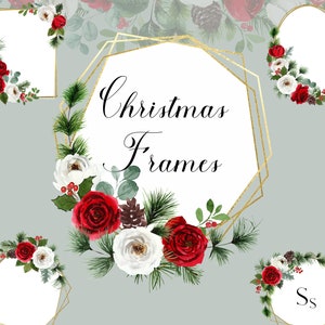 Buquês de rosas vermelhas/brancas de Natal, conjunto de clipart aquarela pintado à mão, gráficos de casamento de Natal, molduras douradas florais, guirlanda de Natal.