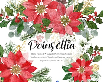 Aquarell Weihnachten Poinsettia Clipart: Urlaub Florale Elemente (Digitaler Download)
