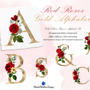 Può includere: Lettere dell'alfabeto dorate con rose rosse e foglie verdi. Le lettere sono maiuscole e il set include una ampersand. Le lettere misurano 8 pollici per 8 pollici e 2000 pixel per 2000 pixel.