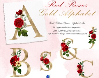 Watercolor Floral Gold Alphabet Clipart: Red Roses Monogram (PNG Digital Download)