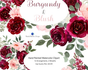 May include: Watercolor clipart featuring burgundy and blush roses, leaves, and floral sprigs. The clipart includes 12 arrangements and 2 wreaths. High quality PNG, 300 DPI.