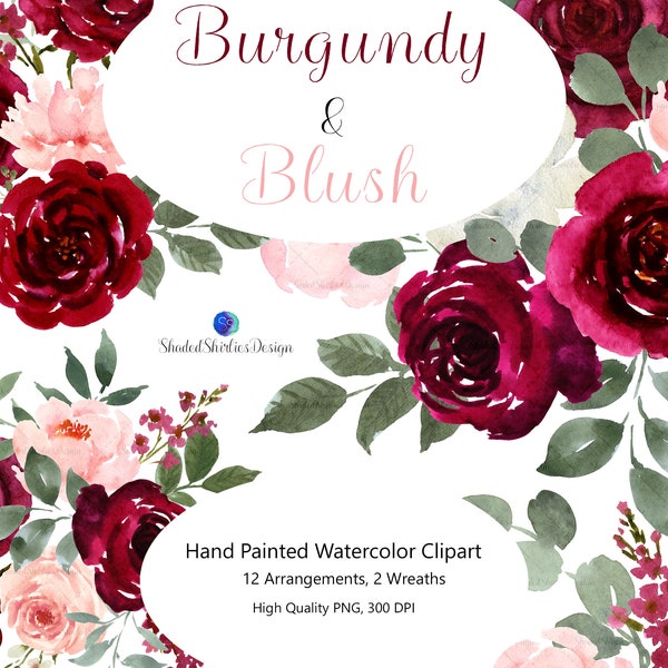 Burgundy and Blush Watercolor Floral Clipart, Hand Painted Watercolor Clipart Set, Floral Wedding graphics