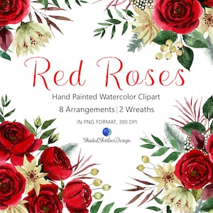 Rote Rosen Blumenstrauß, handgemaltes Aquarell Clipart-Set, druckbare PNG-Blumen