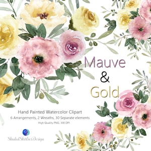 Mauve Watercolor Floral Clipart, Hand Painted Bouquets and wreaths, Watercolor Rose florals, Wedding Clipart Graphics, Romantic DIY Elements