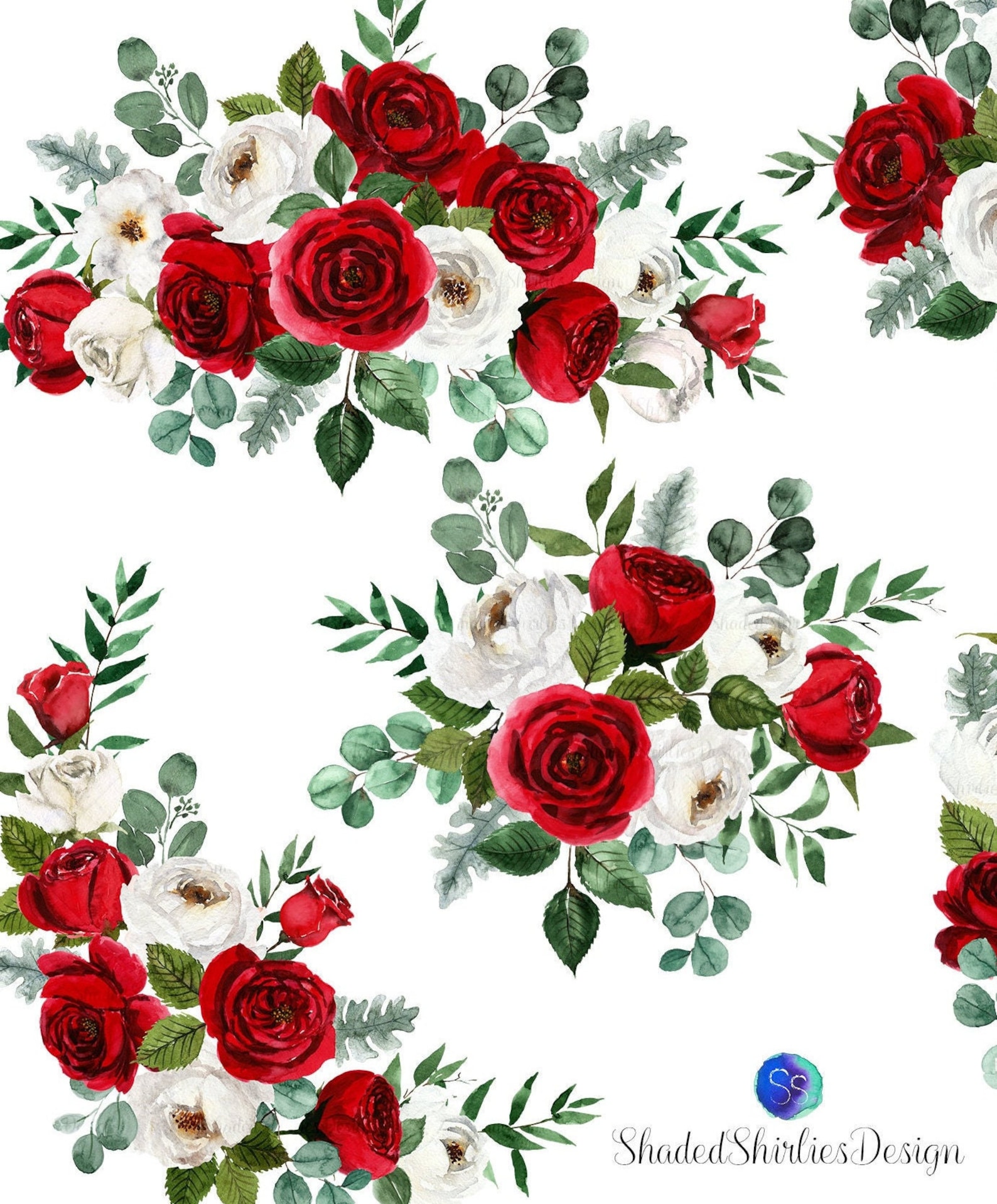 Red and White Roses Bouquets, Hand Painted Watercolor Clipart Set ...