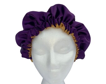Omkeerbare satijnen motorkap | Handgemaakte paarse en gouden haarbescherming