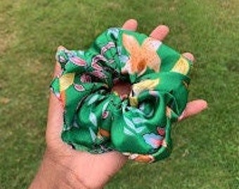 Floral Green Satin Scrunchie | Elegant Hair Tie