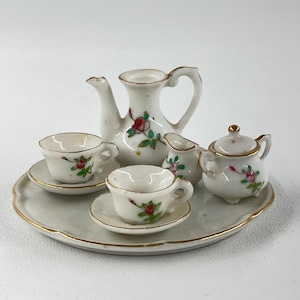 Vintage Miniature Porcelain China Tea Set/ Hand Painted Floral Dollhouse