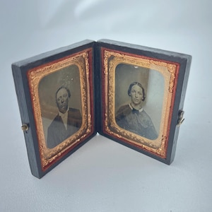 Antique Daguerreotype Portrait of Man and Woman in Gutta Percha Case 19th C Leather