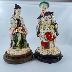 Vintage Capodimonte Porcelain Chinese Couple Figurines – Hand Painted Chinoiserie – Italian Rococo Style Pair
