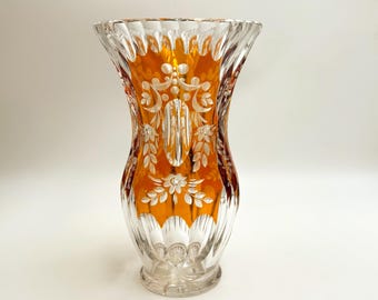 Vintage Bohemian Amber Cut-to-Clear Crystal Vase: Etched Floral Design/6.5''-23cm tall