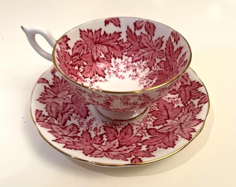 Vintage Coalport Tea Cup and Saucer: Pink Leaf Fine Bone China