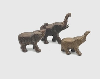 Vintage Hand Cast Bronze Elephant Sculptures – Carved Set of 3