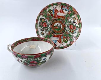Antique Famille Rose Tea Cup & Saucer: Hand-Painted Chinese Porcelain