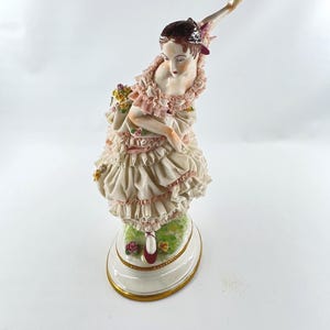 1915s Large German Volkstedt Ballerina Fanny Elssler Porcelain Lace Figurine 12&quot;/