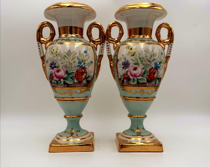 Antiques Amoges Vases Pair / Hand Painted Floral Design and Gold Trim ...
