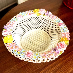 Vintage Porcelain Floral Basket: Hand-Painted Garland, Cottagecore Decor