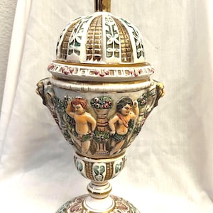 Italian R.Capodimante Vase /Vintage Italian Capodimonte Lidded Vase – Hand-Painted Porcelain Floral and Lion And Cherubs