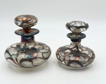 Antique Alvin Fine Silver Overlay Perfume Bottles, Art Nouveau Pair