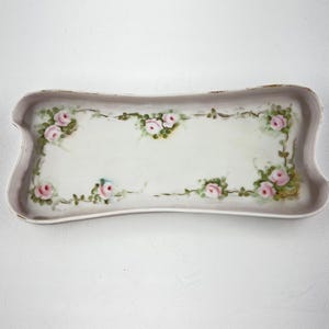 Vintage Bavaria Porcelain Rectangular Tray With Hand-Painted Pink Roses Floral Pink Roses/8.6&#39;&#39;x3.6&#39;&#39;