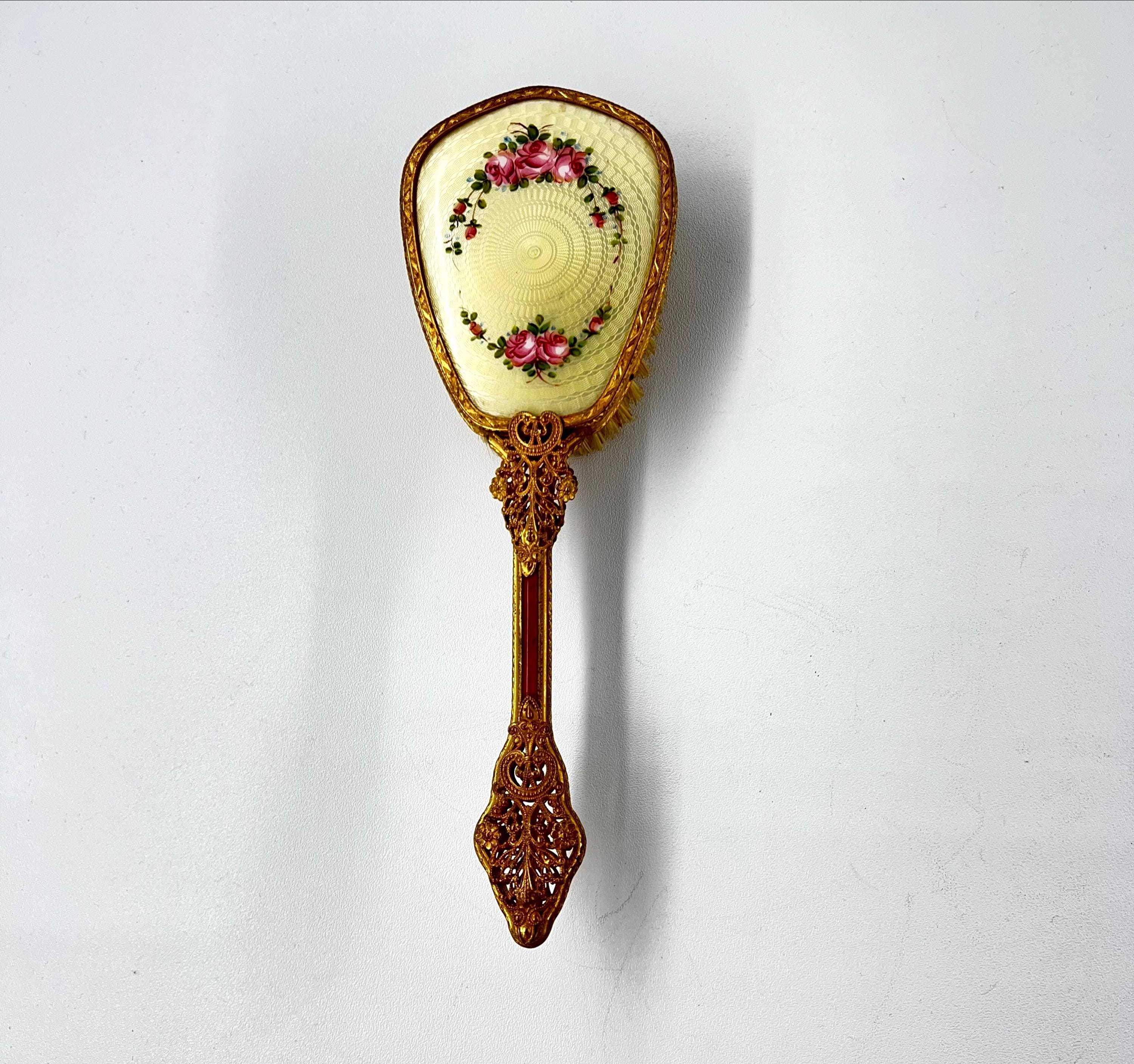 Vintage Gold Tone Guilloche Enamel Floral Vanity Hair Brush Art Deco Dresser Beautiful Vintage Gold Tone Floral Enamel Vanity Hair Brush  main image 4