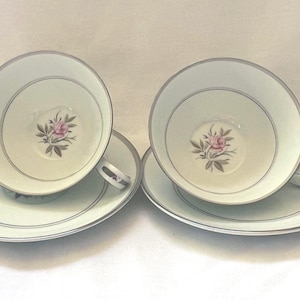 Noritake Roanne 5794 Vintage White Teacup Saucer Pair/Vintage Teacup Saucer/Silver Trim Teacup Saucer/Floral Teacup/ 2pieces tea cup saucers
