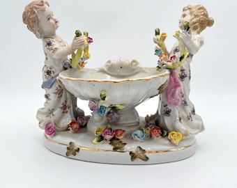 Antique Dresden Porcelain Figurine / Hand Painted German Collectible Figurine, 7" tall and 9" wide.