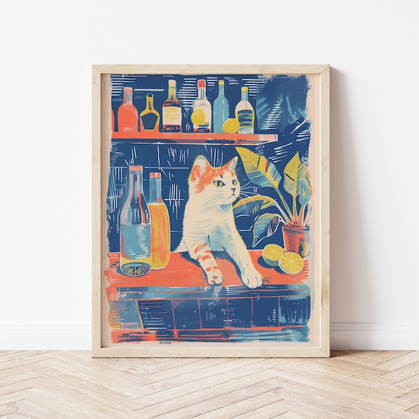 Bar Cat - Digital Art Print, Risograph Art, Orange & Blue, Abstract Cat, Alcohol Drinks, Bar Cart Art