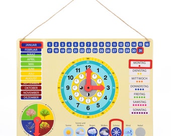 ewtshop® Lernuhr aus Metall - Farbenfrohe Lerntafel mit Datum, Uhrzeit, Jahreszeit - Kalenderuhr, Lernspielzeug - 30 x 40 cm