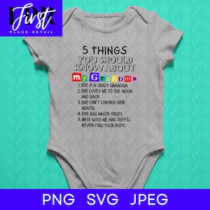 5 rzeczy, które musisz wiedzieć o mojej babci (plik SVG Cut), pliki PNG i JPEG do druku, do naprasowania. Natychmiastowe pobranie.
