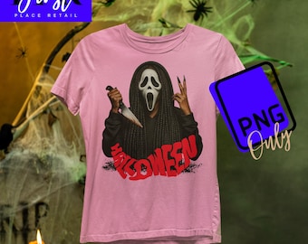Scary Halloween T-Shirt|Black Woman Ghostface with Braids|Horror Movie Killer Mask|Bloody Knife Costume Shirt png ONLY. Instant Download.