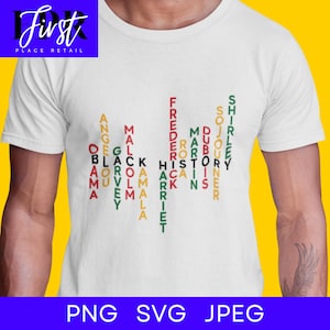 May include: A white t-shirt with a black, red, and green word puzzle design. The words are "Black History" and include names of notable African Americans such as Frederick Douglass, Shirley Chisholm, and Martin Luther King Jr.