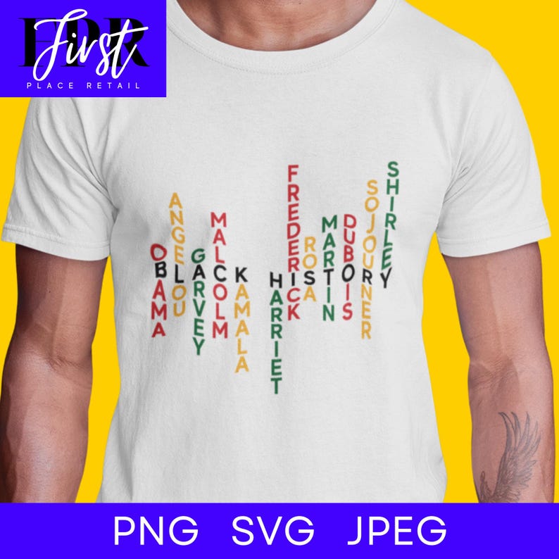 May include: A white t-shirt with a black, red, and green word puzzle design. The words are "Black History" and include names of notable African Americans such as Frederick Douglass, Shirley Chisholm, and Martin Luther King Jr.