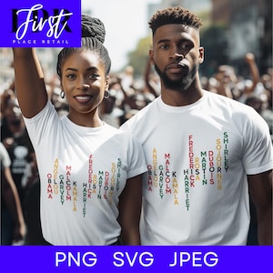May include: Two white t-shirts with a black history month word puzzle design. The puzzle is made up of names of important black figures in history. The shirts are on a white background.