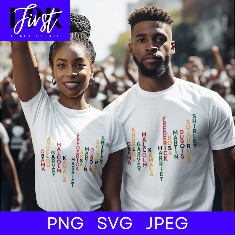 May include: Two white t-shirts with a black history month word puzzle design. The puzzle is made up of names of important black figures in history. The shirts are on a white background.