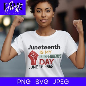 May include: White t-shirt featuring the text "Juneteenth IS MY INDEPENDENCE DAY JUNE 19, 1865" and a red fist graphic. The t-shirt has a crew neck design and is worn by a person.