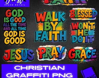 May include: A collection of colorful Christian graffiti-style PNG graphics. The designs include phrases like "Faith," "God is Good," "Walk by Faith," and "Jesus Pray Grace." The image also includes the text "Christian Graffiti PNG Bundle."