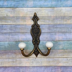 Vintage Wall Double Hook w/white Porcelain Ball ~ Victorian style ~ Robe hook ~ Towel hook ~ Coat ~ Hat ~ FREE SHIPPING
