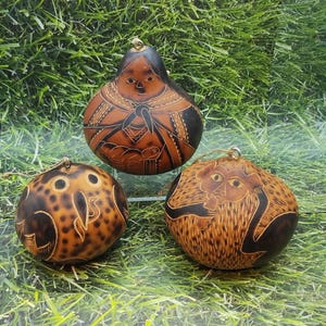 Hanging NATIVE CARVED GOURD ~ Mother & Child ~  Hand Carved RattleSnake ~ Monkey Intricately Carved ~ Very Detailed